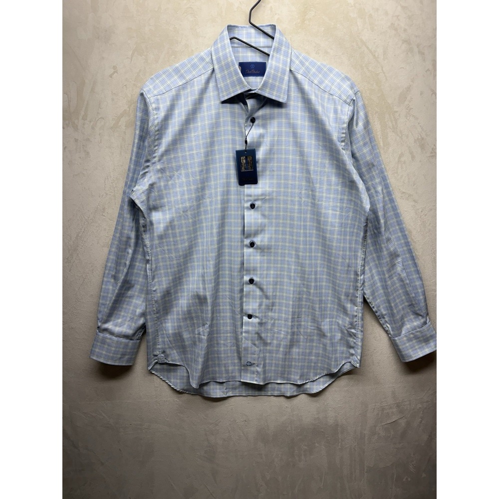 David Donahue Dress Shirt Mens Large 16 34/35 Blue Plaid Long Sleeve Button Up